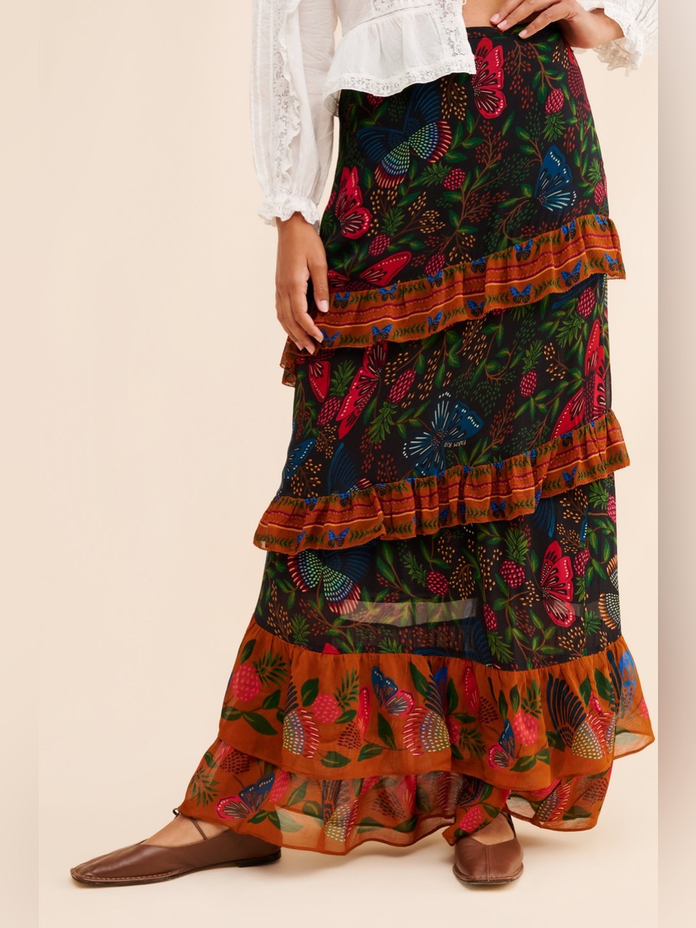 Farm Rio Anthropologie Tiered Gardenfly Maxi Skirt Size S